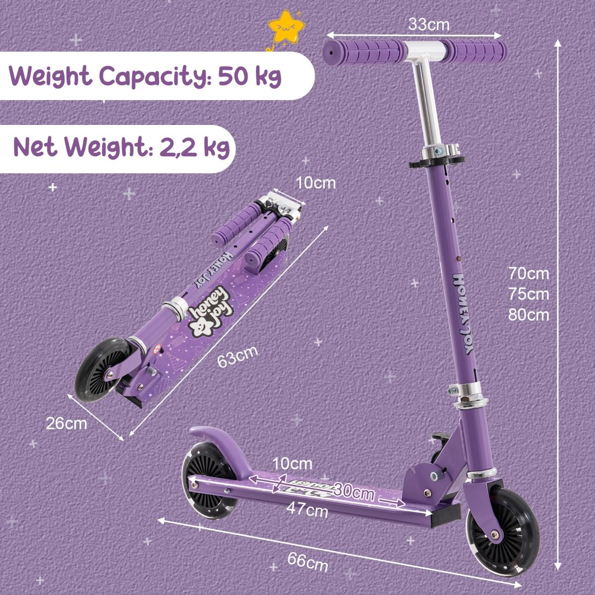 Coast Kinderstep - Kick Scooter Paars met Knipperende Wielen - Verstelbaar Stuur 70-80cm - 66x33x80cm