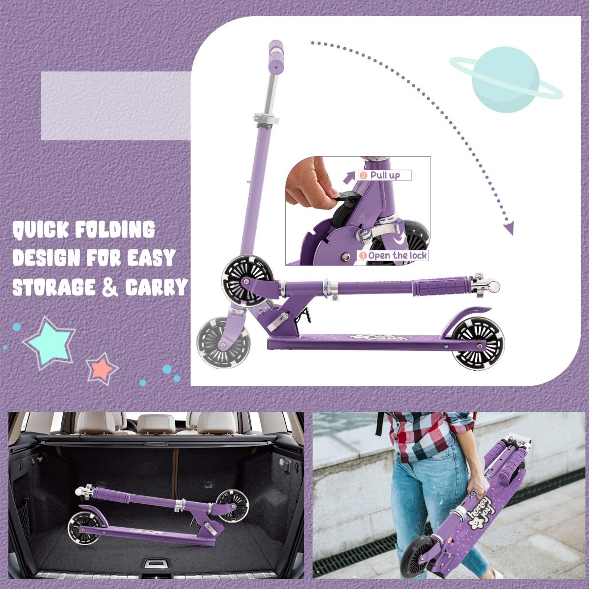 Coast Kinderstep - Kick Scooter Paars met Knipperende Wielen - Verstelbaar Stuur 70-80cm - 66x33x80cm