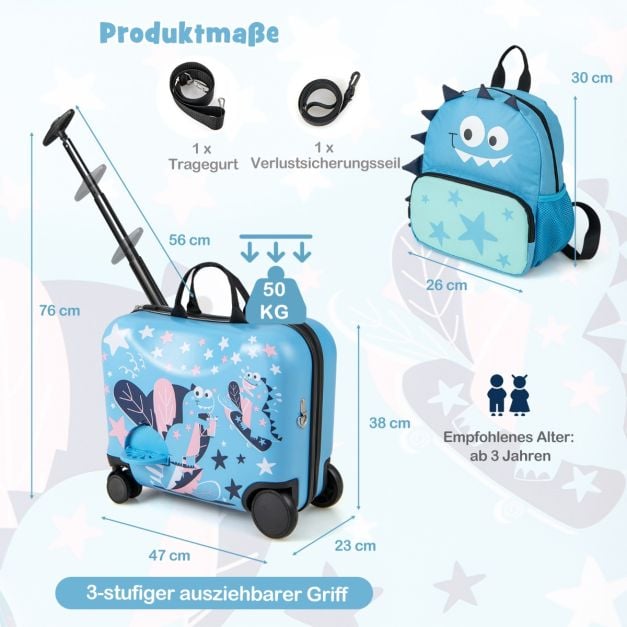 Coast Kinderkofferset Dinosaurus – 2-Delige Reisset met 18 Inch Zitkoffer en Rugzak – 47 x 23 x 38 cm