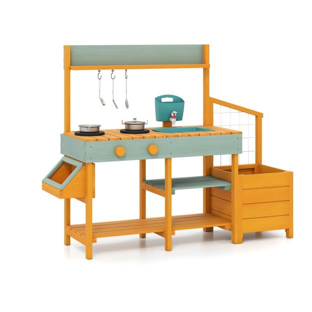Coast Modderkeuken Geel/Lichtgroen – Houten Kinderkeuken met Waterfunctie, Plantenbak en Klimrek – 115 x 34,5 x 92 cm