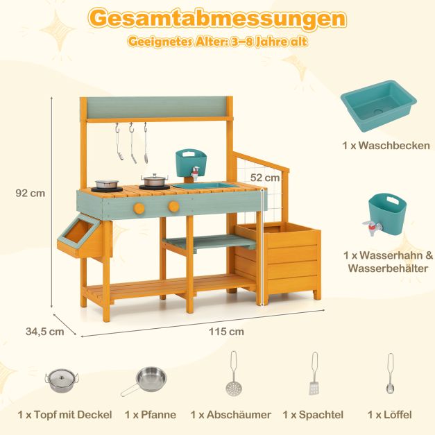 Coast Modderkeuken Geel/Lichtgroen – Houten Kinderkeuken met Waterfunctie, Plantenbak en Klimrek – 115 x 34,5 x 92 cm