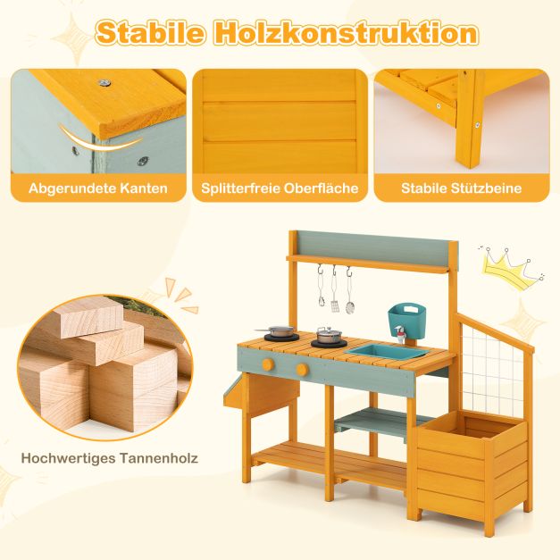 Coast Modderkeuken Geel/Lichtgroen – Houten Kinderkeuken met Waterfunctie, Plantenbak en Klimrek – 115 x 34,5 x 92 cm
