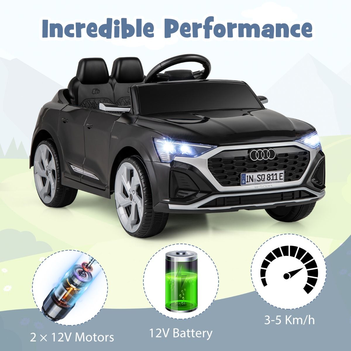 costway 12V Elektrische Auto voor kinderen - audi SQ8 - zwart