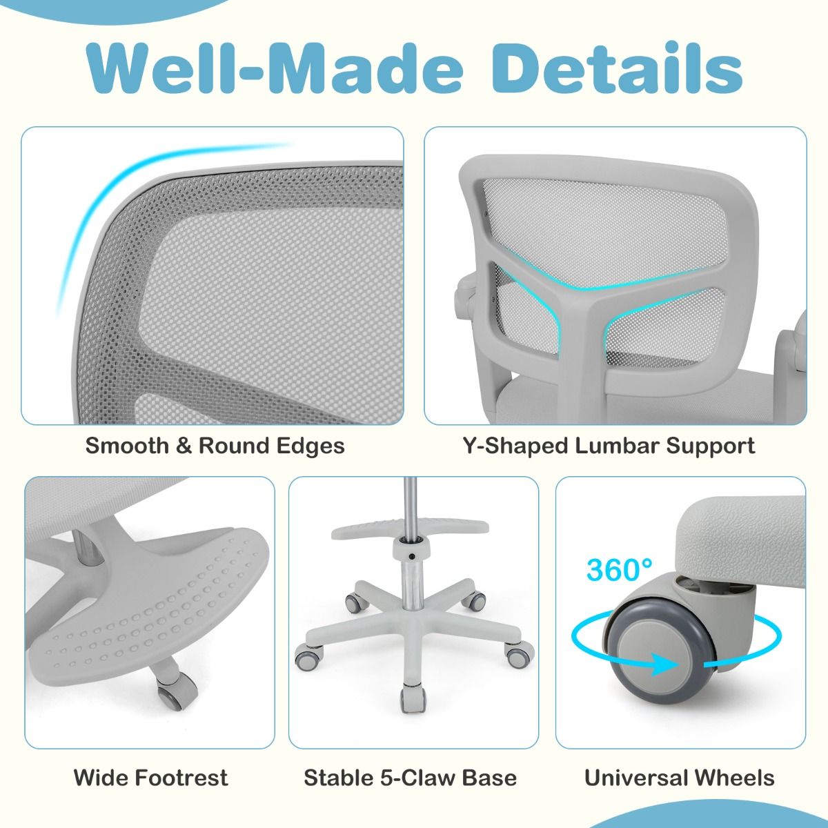 Coast Kinder Bureaustoel Ergonomisch Verstelbaar met Wielen en Voetsteun – Zithoogte 41-52 cm – Grijs – 57 x 55 x 80-91 cm
