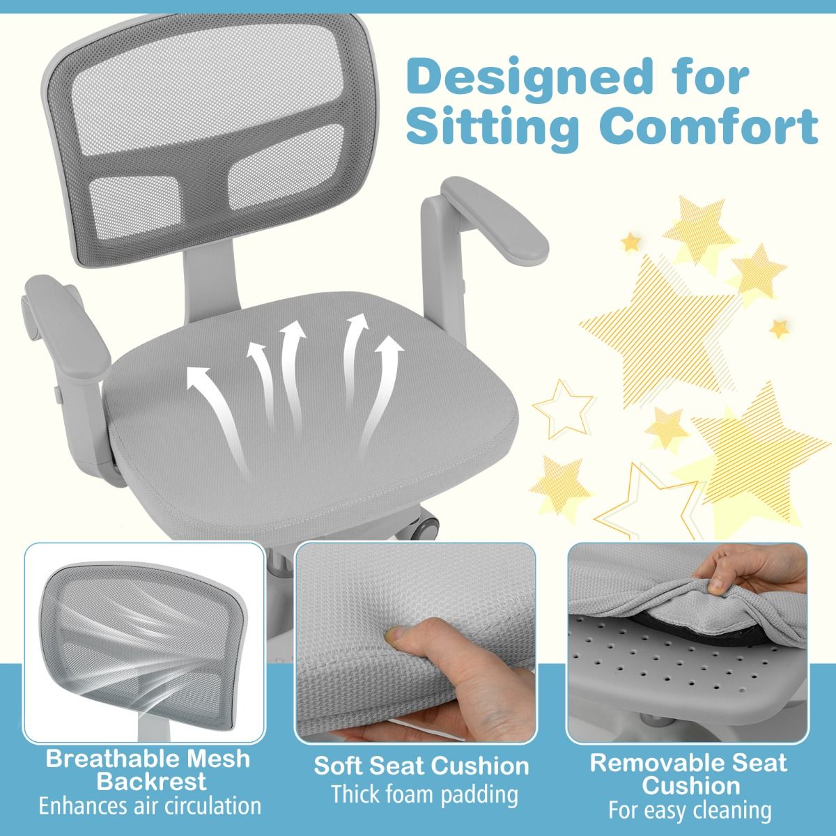 Coast Kinder Bureaustoel Ergonomisch Verstelbaar met Wielen en Voetsteun – Zithoogte 41-52 cm – Grijs – 57 x 55 x 80-91 cm