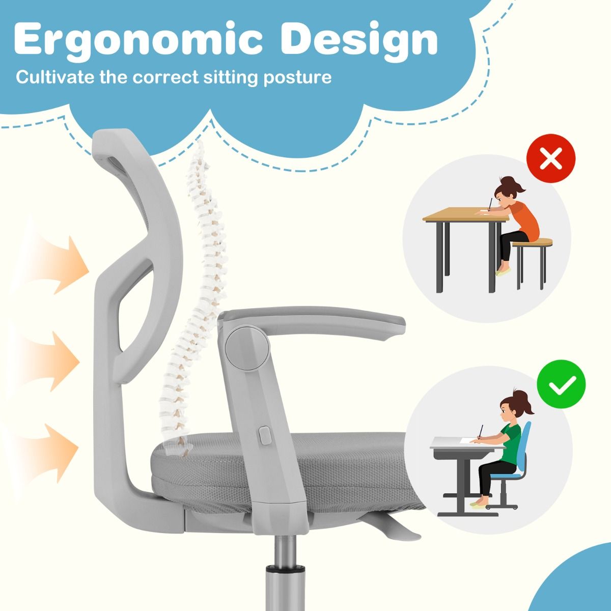Coast Kinder Bureaustoel Ergonomisch Verstelbaar met Wielen en Voetsteun – Zithoogte 41-52 cm – Grijs – 57 x 55 x 80-91 cm