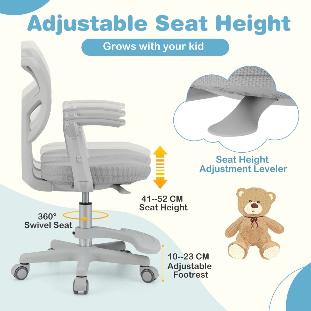 Coast Kinder Bureaustoel Ergonomisch Verstelbaar met Wielen en Voetsteun – Zithoogte 41-52 cm – Grijs – 57 x 55 x 80-91 cm