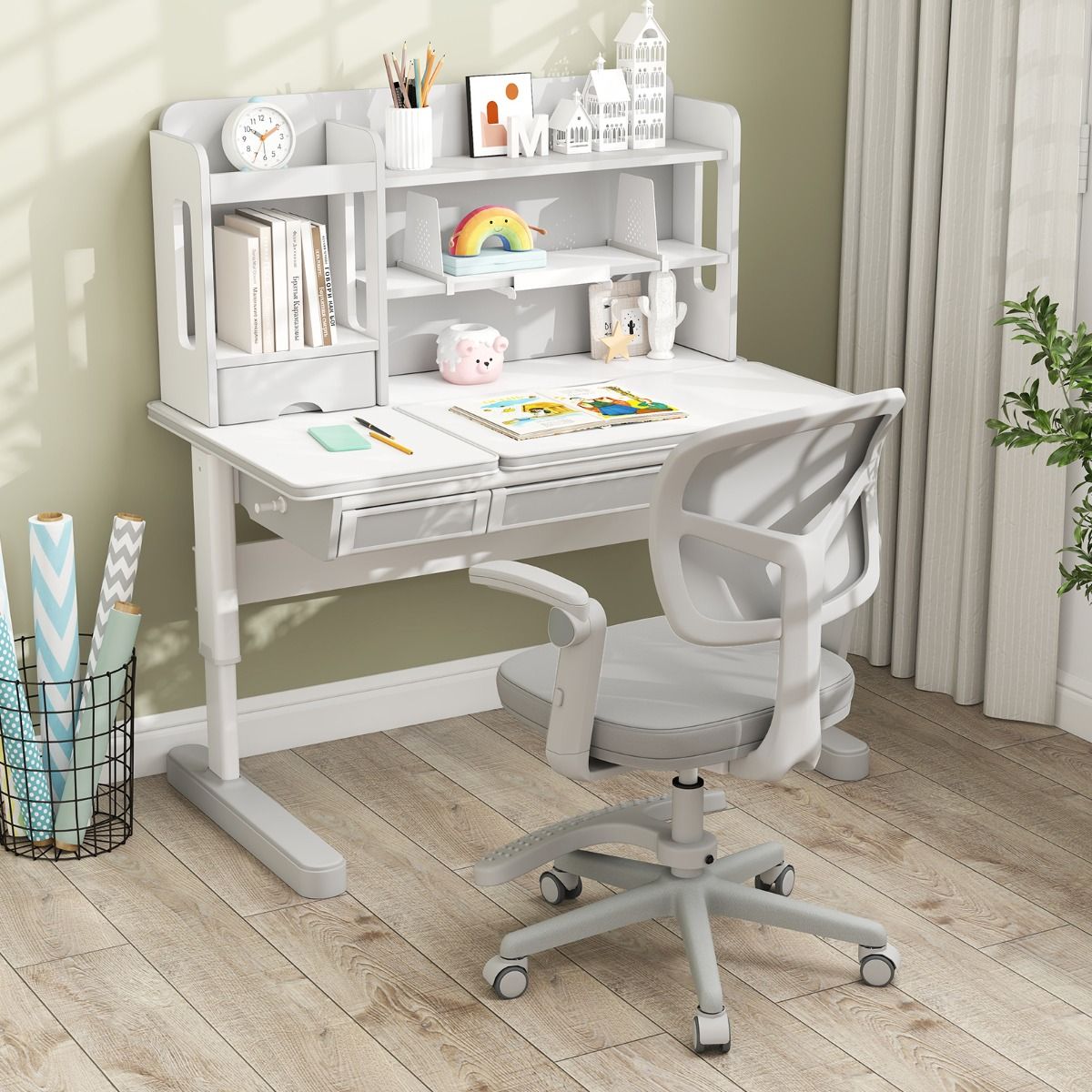 Coast Kinder Bureaustoel Ergonomisch Verstelbaar met Wielen en Voetsteun – Zithoogte 41-52 cm – Grijs – 57 x 55 x 80-91 cm