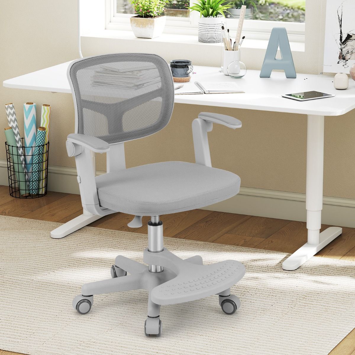 Coast Kinder Bureaustoel Ergonomisch Verstelbaar met Wielen en Voetsteun – Zithoogte 41-52 cm – Grijs – 57 x 55 x 80-91 cm