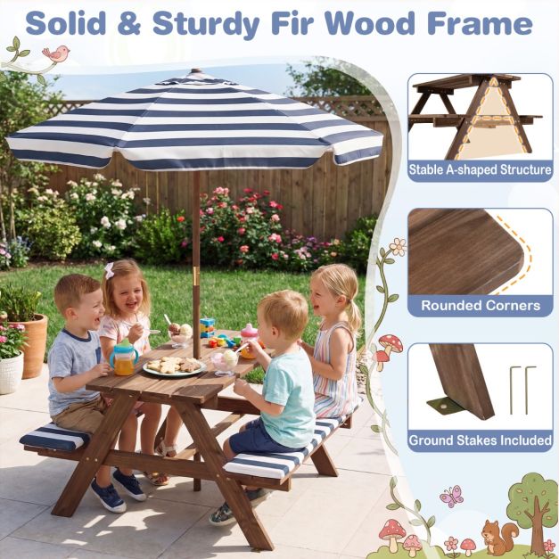 Coast Kinderzitgroep - Picknicktafel - Parasol - Zitkussens - 91 x 80 x 50 cm - Marineblauw Wit Naturel