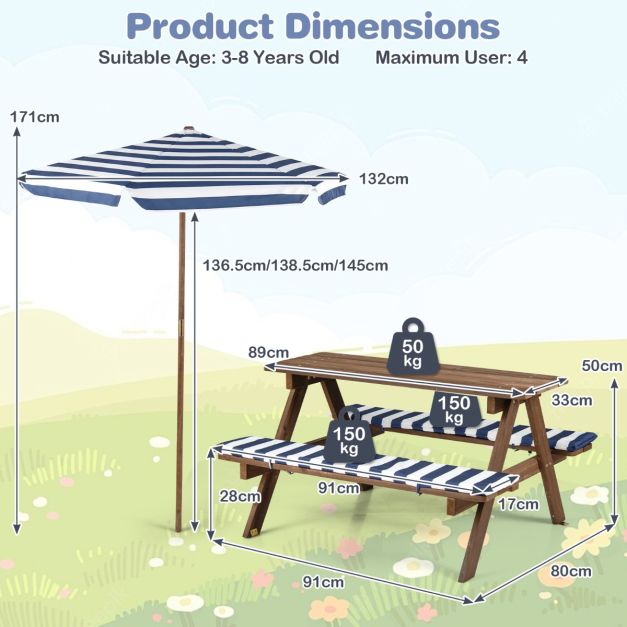 Coast Kinderzitgroep - Picknicktafel - Parasol - Zitkussens - 91 x 80 x 50 cm - Marineblauw Wit Naturel