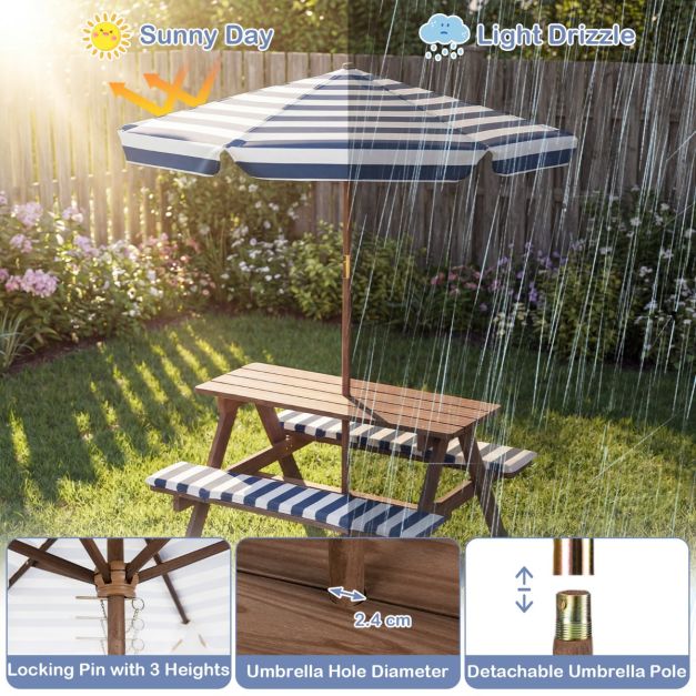 Coast Kinderzitgroep - Picknicktafel - Parasol - Zitkussens - 91 x 80 x 50 cm - Marineblauw Wit Naturel