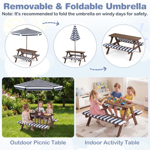 Coast Kinderzitgroep - Picknicktafel - Parasol - Zitkussens - 91 x 80 x 50 cm - Marineblauw Wit Naturel