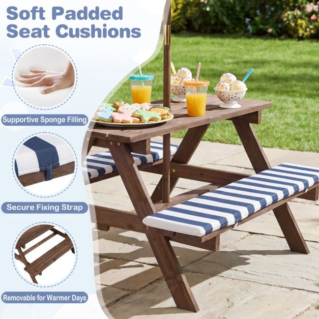 Coast Kinderzitgroep - Picknicktafel - Parasol - Zitkussens - 91 x 80 x 50 cm - Marineblauw Wit Naturel