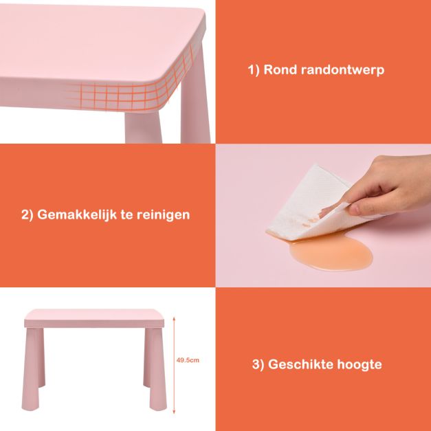 Coast - Kindertafel en 2 Stoelen Set - Multifunctioneel, Ergonomisch, Ronde Randen, 50 kg Belastbaar - Tafel 76,5 x 54,5 x 49,5 cm - PP - Roze