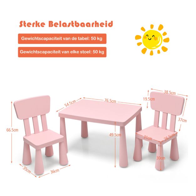 Coast - Kindertafel en 2 Stoelen Set - Multifunctioneel, Ergonomisch, Ronde Randen, 50 kg Belastbaar - Tafel 76,5 x 54,5 x 49,5 cm - PP - Roze