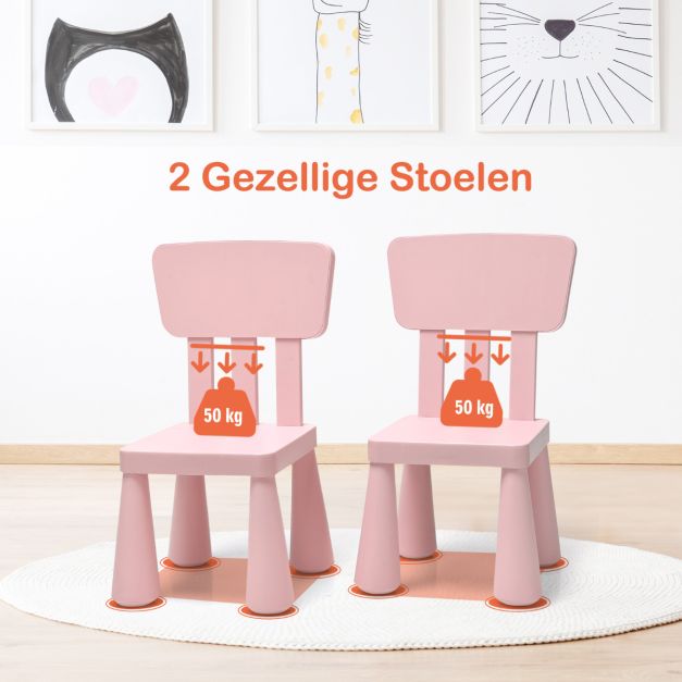 Coast - Kindertafel en 2 Stoelen Set - Multifunctioneel, Ergonomisch, Ronde Randen, 50 kg Belastbaar - Tafel 76,5 x 54,5 x 49,5 cm - PP - Roze