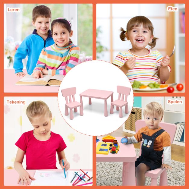 Coast - Kindertafel en 2 Stoelen Set - Multifunctioneel, Ergonomisch, Ronde Randen, 50 kg Belastbaar - Tafel 76,5 x 54,5 x 49,5 cm - PP - Roze