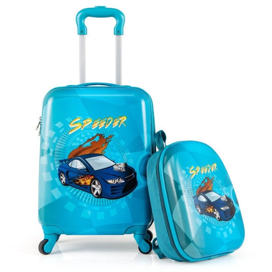 Coast 2-delige Kinderkoffer Set met Wielen & Rugzak – Handbagage 17" + Harde Rugzak 13" – Blauw Auto Design – Duurzaam ABS & PC