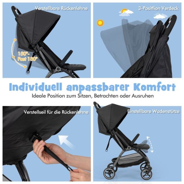 Coast Reisbuggy – Lichtgewicht Kinderwagen met Verstelbare Rugleuning en Zonnekap – Zwart/Grijs