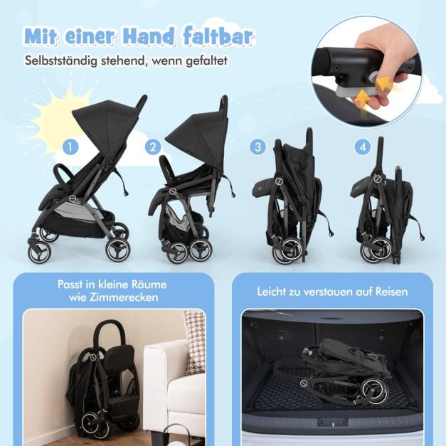 Coast Reisbuggy – Lichtgewicht Kinderwagen met Verstelbare Rugleuning en Zonnekap – Zwart/Grijs