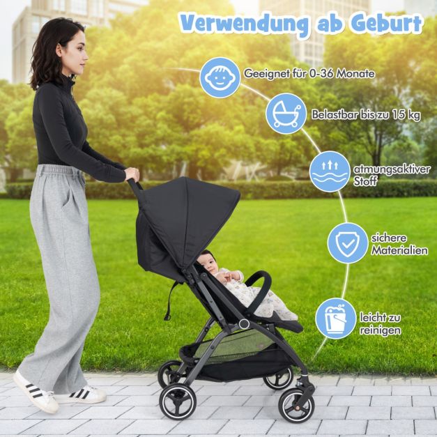 Coast Reisbuggy – Lichtgewicht Kinderwagen met Verstelbare Rugleuning en Zonnekap – Zwart/Grijs