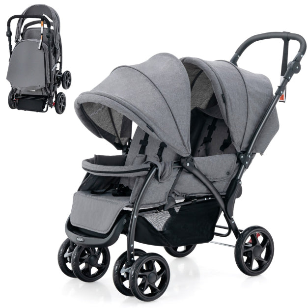 Coast Dubbele Kinderwagen - Opvouwbaar, 5-punts Gordel - 123 x 57 x 95-110 cm - Metaal/Oxford-doek - Grijs
