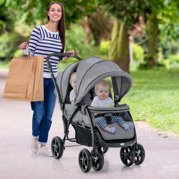 Coast Dubbele Kinderwagen - Opvouwbaar, 5-punts Gordel - 123 x 57 x 95-110 cm - Metaal/Oxford-doek - Grijs