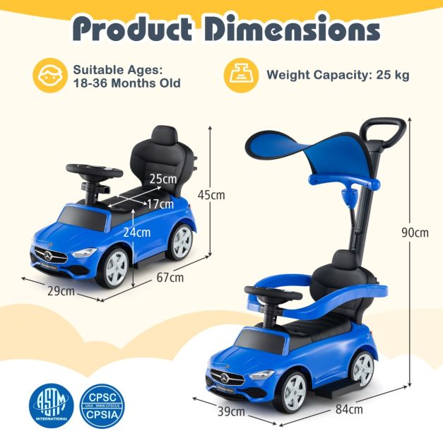 Coast Mercedes-Benz Duwauto 3-in-1 – 84 × 39 × 90 cm – Loopauto met Duwstang, Kap, Geluid en Opbergruimte