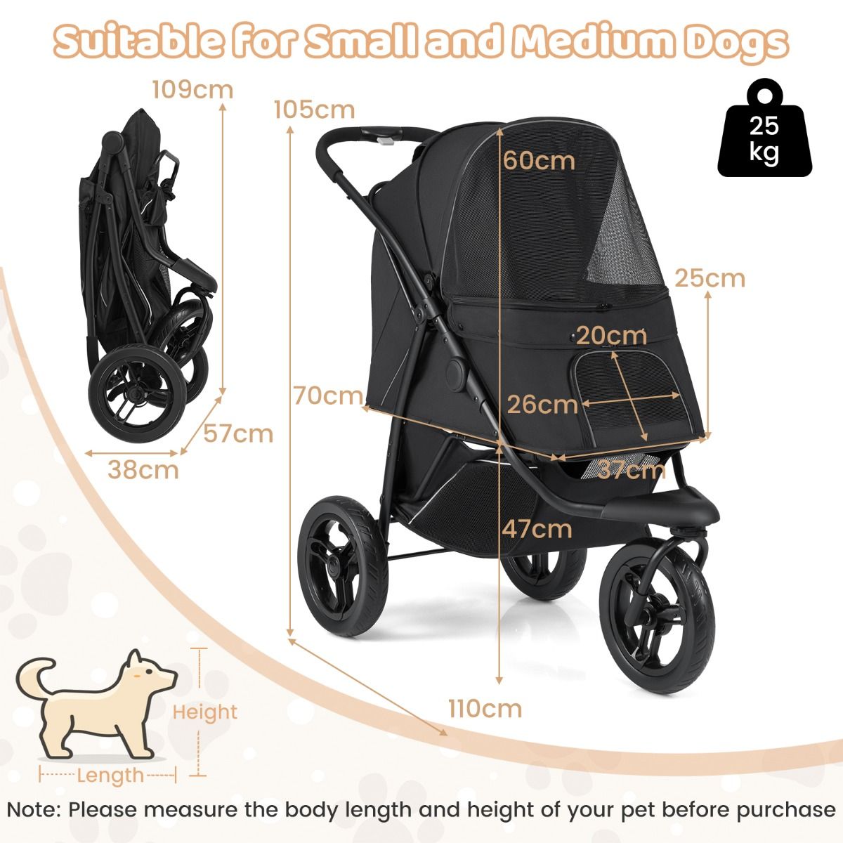 Coast Hondenwagen Zwart – 110 x 57 x 105 cm – Opvouwbaar – Voor Kleine en Middelgrote Honden