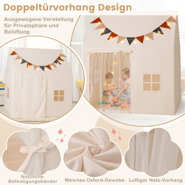 Coast Speeltent Beige – Kinder Speelhuisje met Antislip Mat, Lichtslinger en Vlaggetjes – 123 x 107 x 137 cm