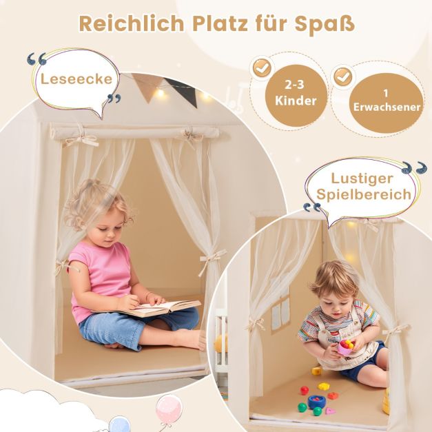 Coast Speeltent Beige – Kinder Speelhuisje met Antislip Mat, Lichtslinger en Vlaggetjes – 123 x 107 x 137 cm