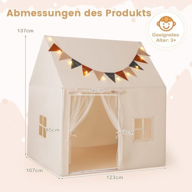 Coast Speeltent Beige – Kinder Speelhuisje met Antislip Mat, Lichtslinger en Vlaggetjes – 123 x 107 x 137 cm