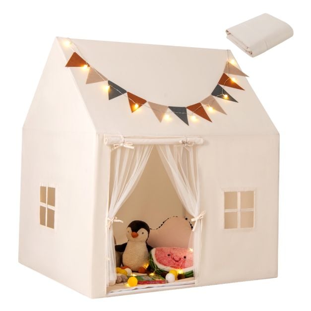 Coast Speeltent Beige – Kinder Speelhuisje met Antislip Mat, Lichtslinger en Vlaggetjes – 123 x 107 x 137 cm