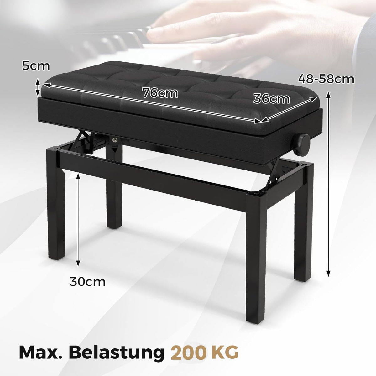 Verstelbare duet-pianobank met Opbergruimte en Waterdicht gewatteerd kussen - 6 x 36 x 48-58 cm - Zwart