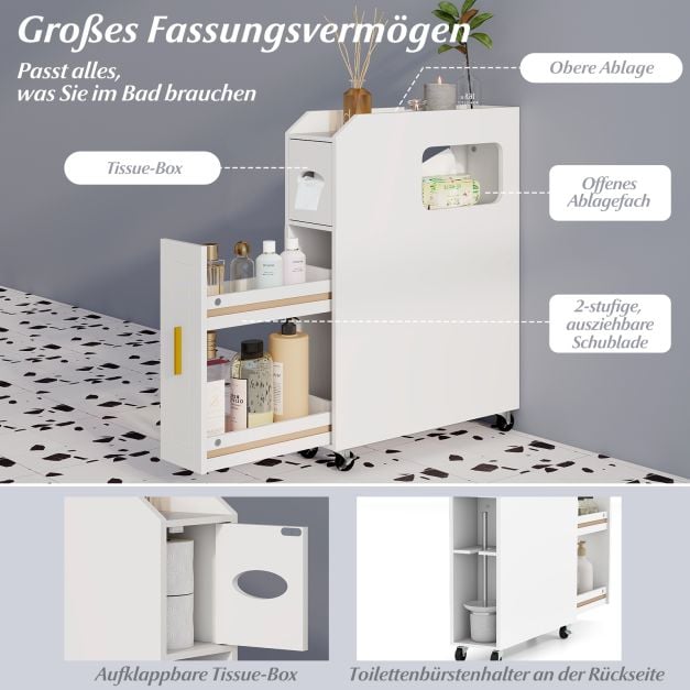 Coast Smalle Badkamerkast – 16 cm Organizer met Lade en Tissuehouder – 50 x 16 x 69 cm – Wit