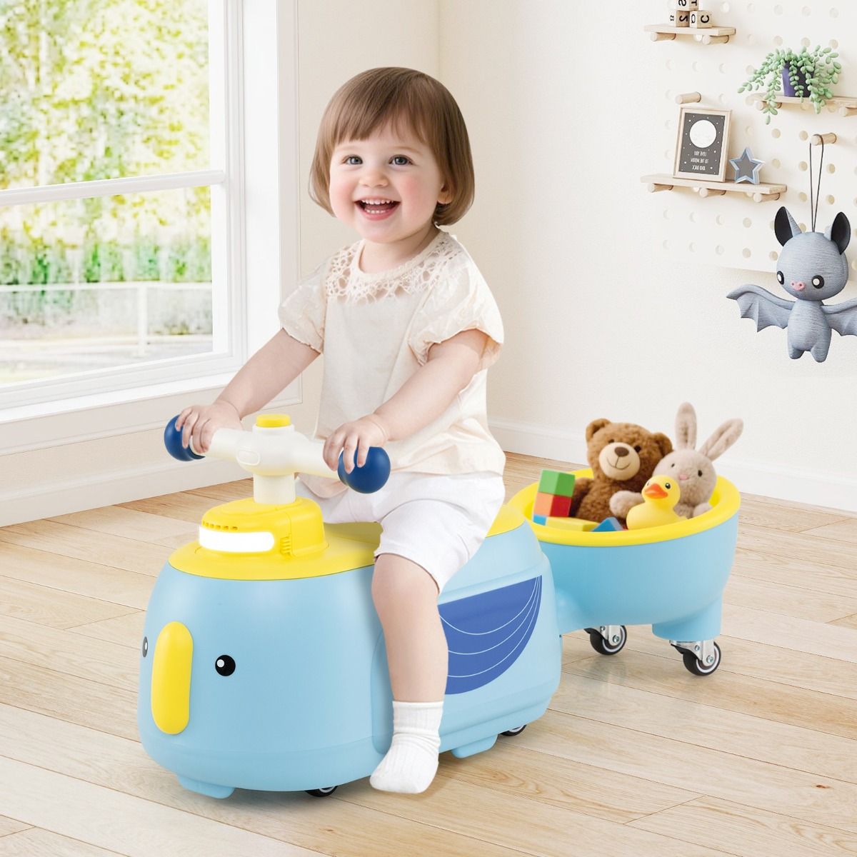 Costway TQ10407NY – Toddler Ride-on Toy met Trailer, Licht & Muziek – 12 Maanden+ – Blauw Productbeschrijving: