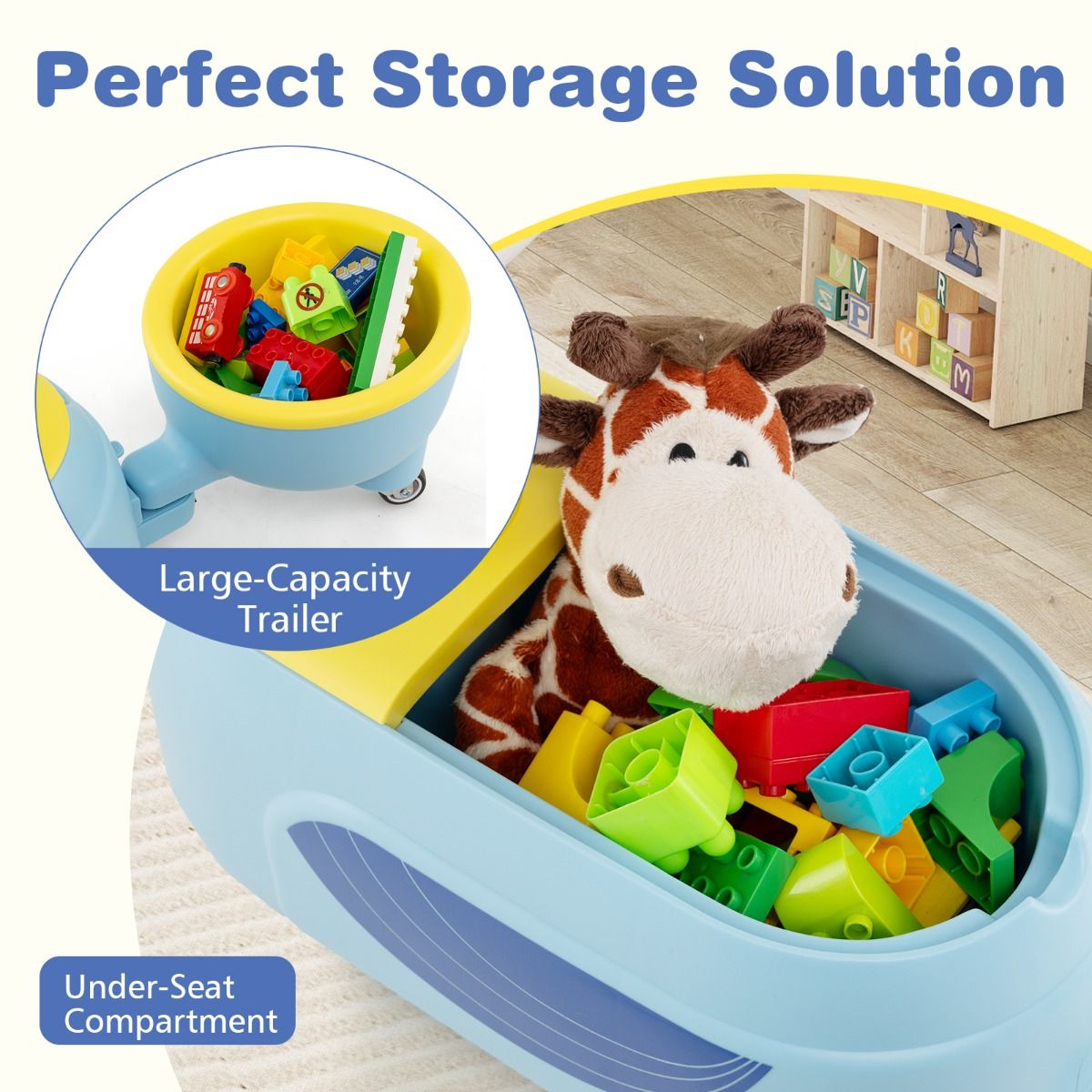 Costway TQ10407NY – Toddler Ride-on Toy met Trailer, Licht & Muziek – 12 Maanden+ – Blauw Productbeschrijving: