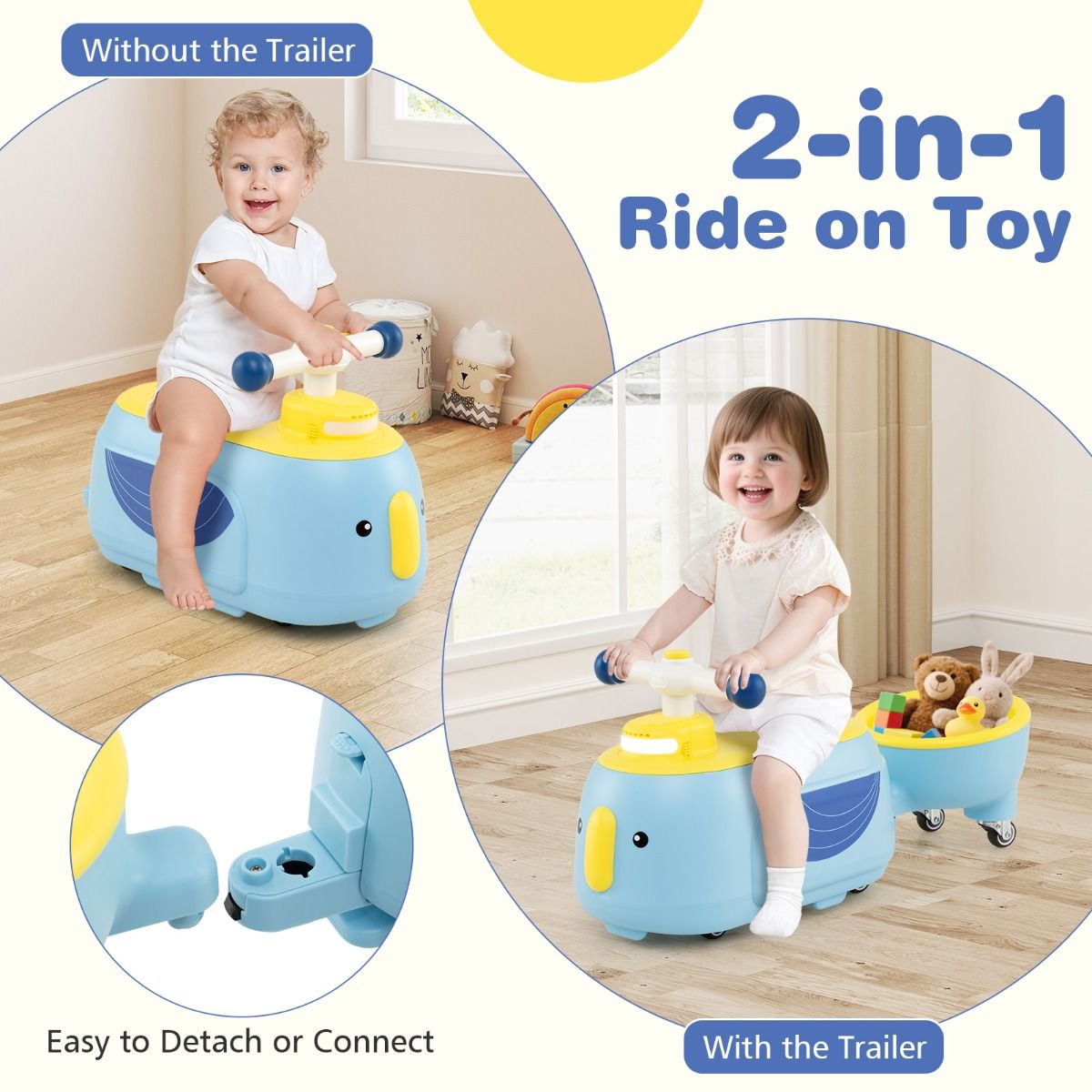 Costway TQ10407NY – Toddler Ride-on Toy met Trailer, Licht & Muziek – 12 Maanden+ – Blauw Productbeschrijving: