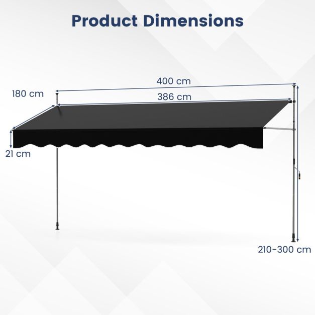 Coast Zonnescherm Zonder Boren – 400 x 120 x 210-300 cm – Zwart – Handmatig Uitschuifbaar & Hoogteverstelbaar