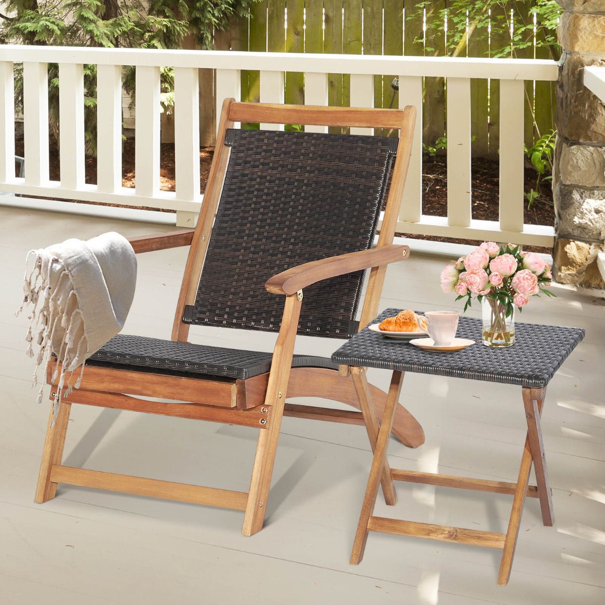 Coast Tuinstoel met Bijzettafel - Uittrekbare Voetsteun - Acaciahout - 135 x 61 x 81 cm - Bruin