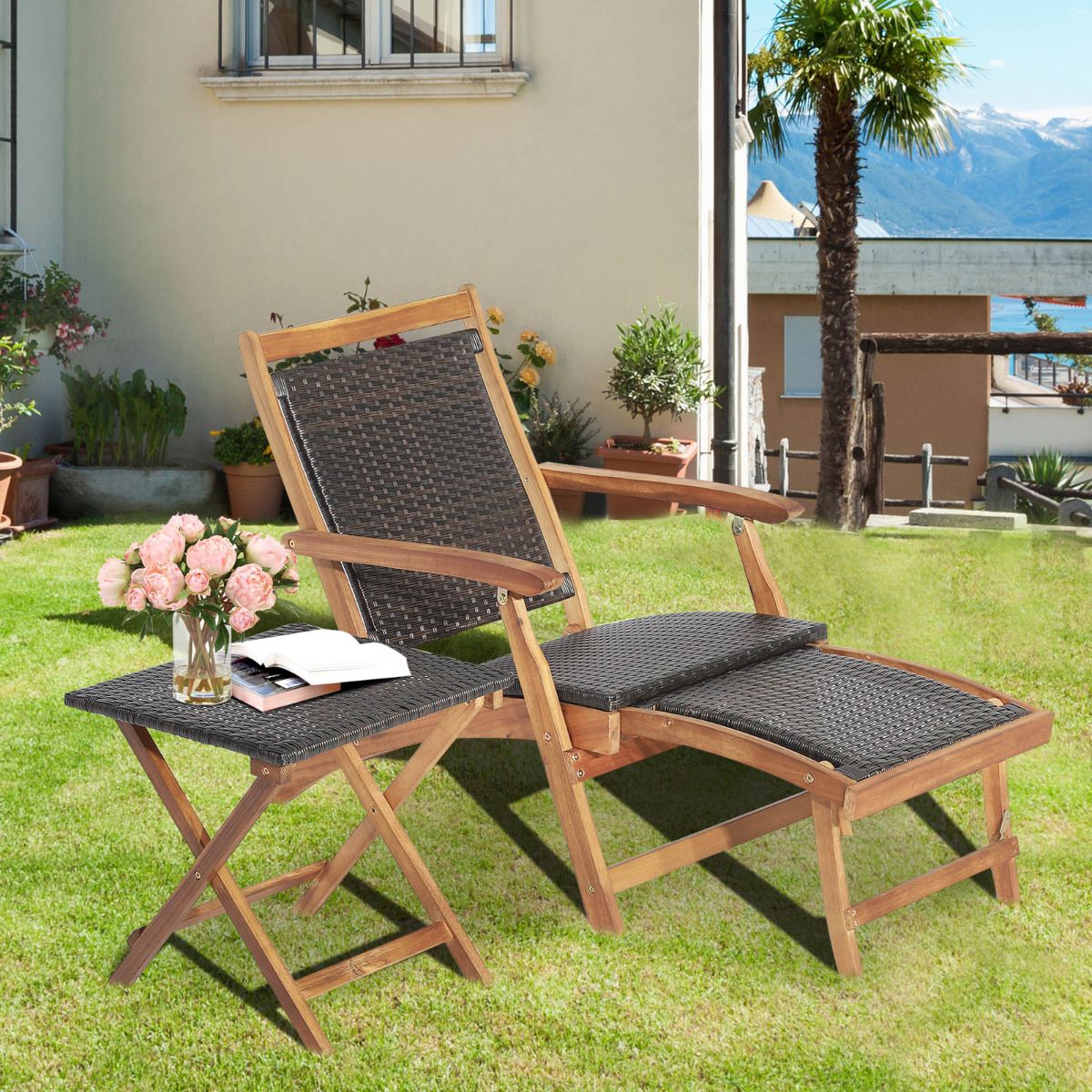 Coast Tuinstoel met Bijzettafel - Uittrekbare Voetsteun - Acaciahout - 135 x 61 x 81 cm - Bruin