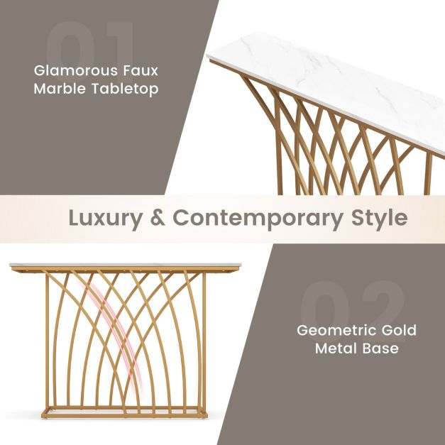 Coast Dressoir tafel - Marmerlook met Metalen standaard - 120 x 30 x 80 cm - Wit/goud