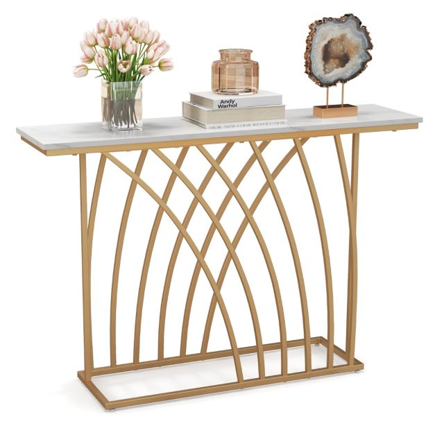 Coast Dressoir tafel - Marmerlook met Metalen standaard - 120 x 30 x 80 cm - Wit/goud