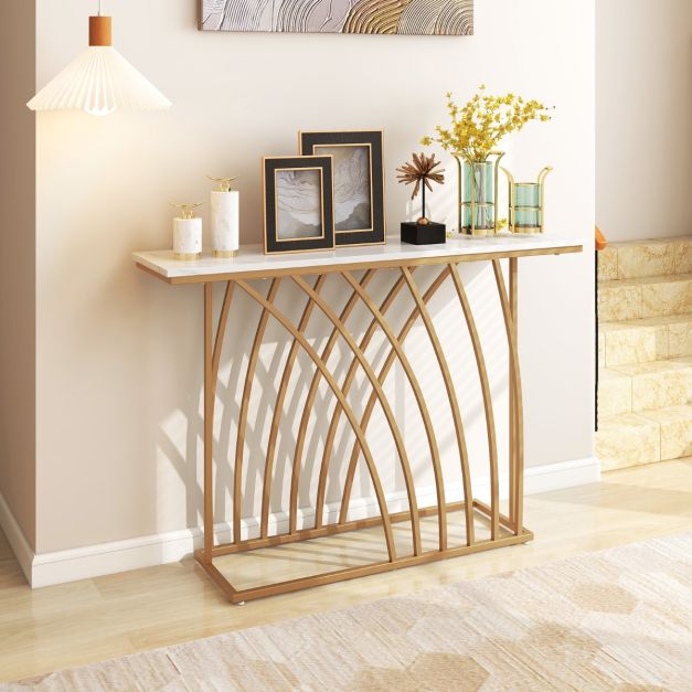Coast Dressoir tafel - Marmerlook met Metalen standaard - 120 x 30 x 80 cm - Wit/goud