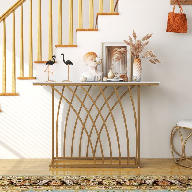 Coast Dressoir tafel - Marmerlook met Metalen standaard - 120 x 30 x 80 cm - Wit/goud
