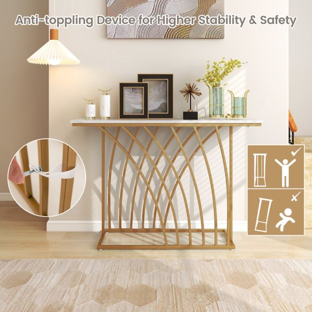 Coast Dressoir tafel - Marmerlook met Metalen standaard - 120 x 30 x 80 cm - Wit/goud