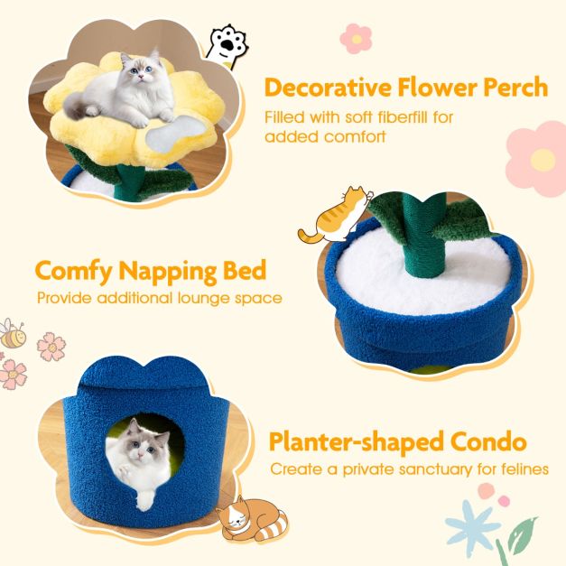 Coast Kattenboom Bloemen-Platform & Kattenhol Geel – 39,5 x 39,5 x 72 cm – Luxe Pluche Kattenhuis met Krabpaal