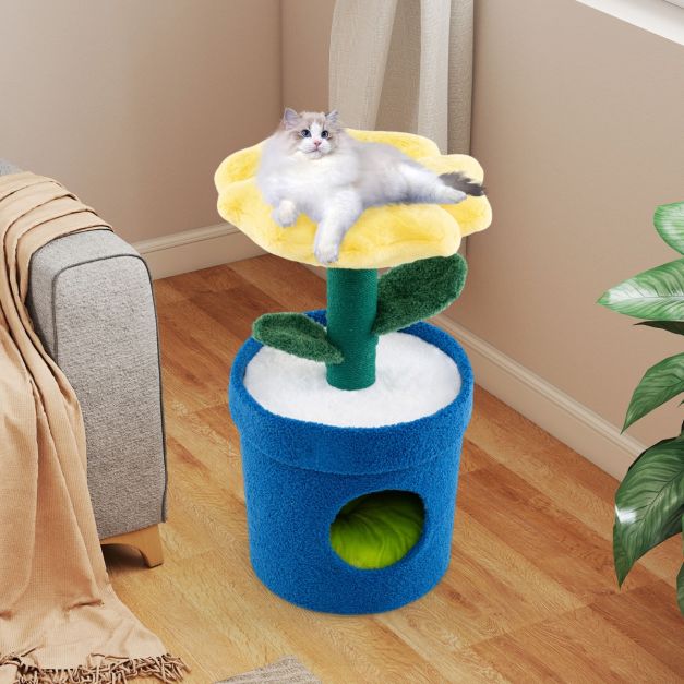 Coast Kattenboom Bloemen-Platform & Kattenhol Geel – 39,5 x 39,5 x 72 cm – Luxe Pluche Kattenhuis met Krabpaal