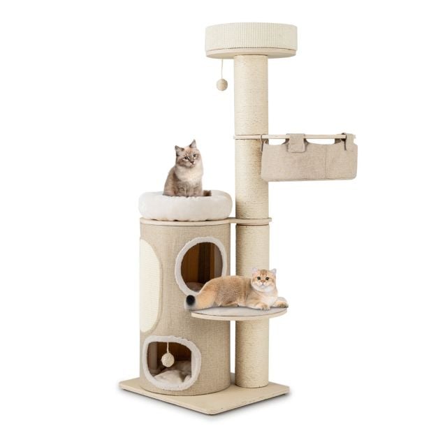 Kattenboom met Krabton – 2-Laags Kattenhuis met Hangmat 58 x 48 x 154 cm – Naturel